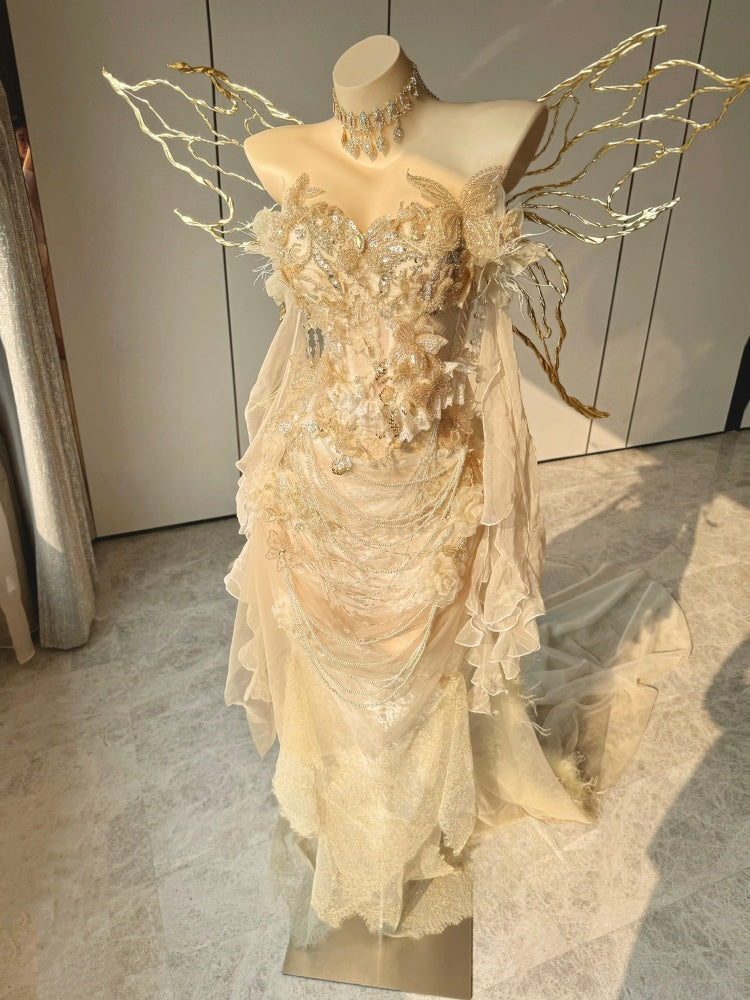 gold train dress Winged Lace Ensemble Costume Patent-Protected This beautiful dress has Color:Same As Pic(Black and Purple) TC-IRIS-X631 VERSACE BLACK BONDAGE DRESS