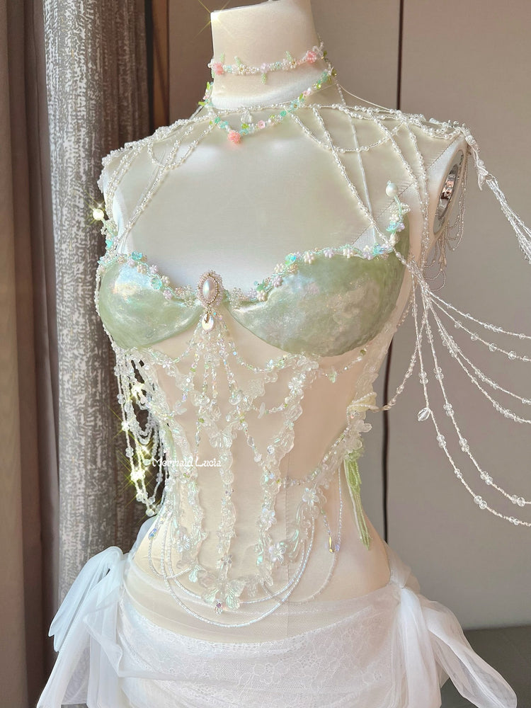 porcelain corset dress Chinoiserie Blue and White Porcelain Corset Dress with Bow and Lace Details