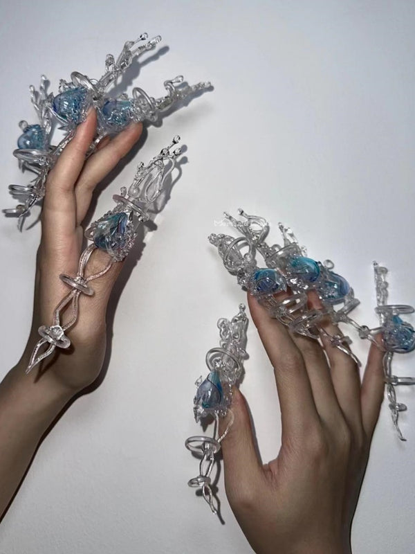 Handmade Translucent Blue Gem Acrylic Nails for Shoots & Parties