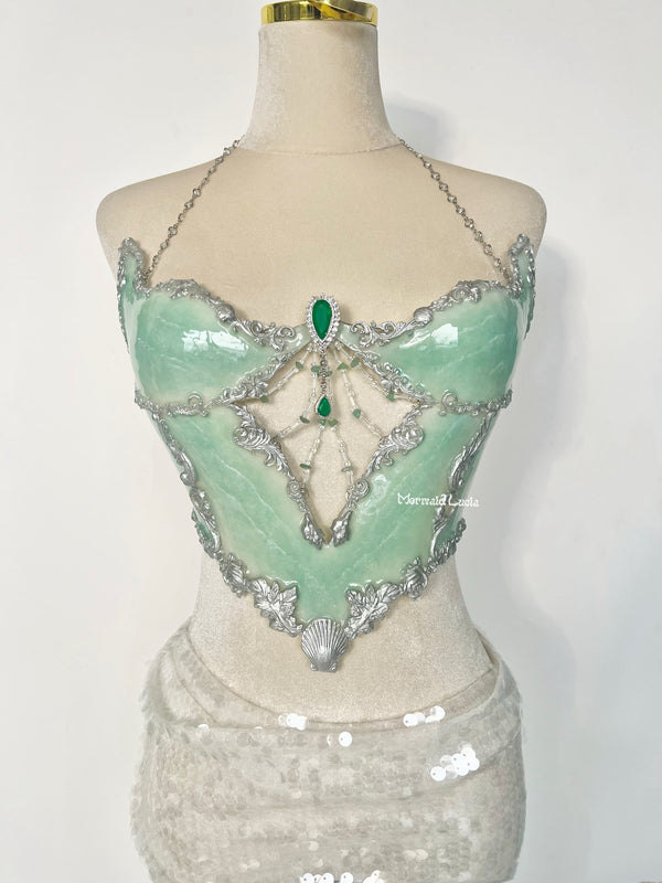 Light Green Topaz Gemstone Fishbone Bustier Resin Mermaid Corset Bra Top Cosplay Costume Patent-Protected
