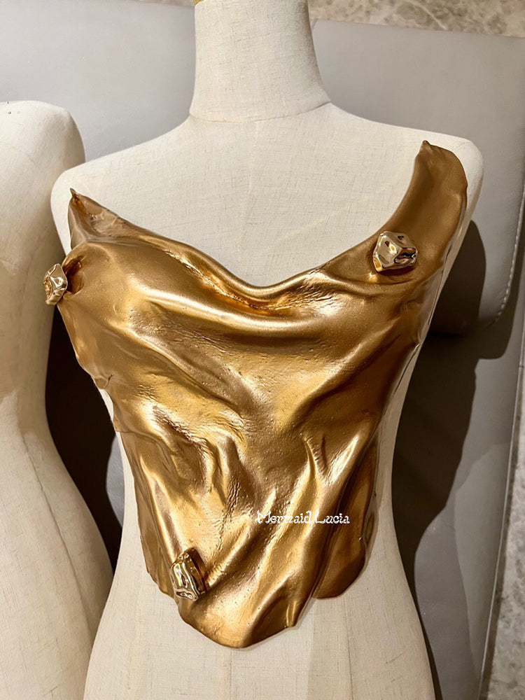 Golden Silk Wave Resin Mermaid Corset Bra Top Cosplay Costume Patent-Protected