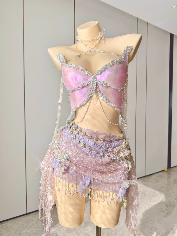 Dreamy Silver Glitter Butterfly Shells Resin Mermaid Corset Bra Top Cosplay Costume Patent-Protected