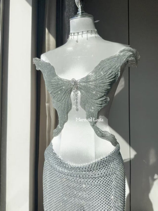 Silver Butterfly Gown Resin Corset Bra Top Cosplay Costume Patent-Protected