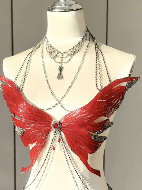 Blood Red Filigree Butterfly Resin Mermaid Corset Bra Top Cosplay Costume Patent-Protected