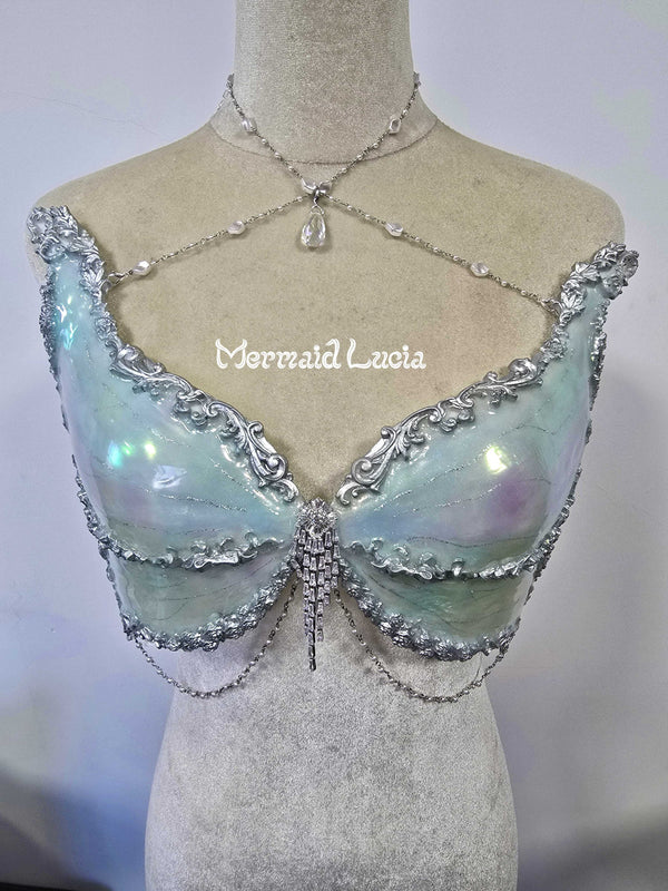 Dreamy Lake Blue Silver Butterfly Shell Resin Top Costume Patent-Protected