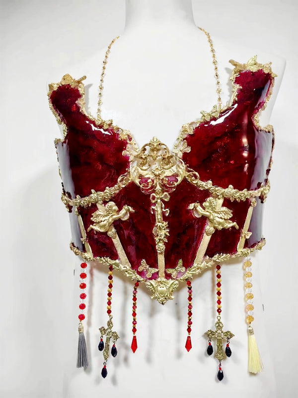 Dark Red Golden Edges Marble Resin Mermaid Corset Bra Top Cosplay Costume Patent-Protected