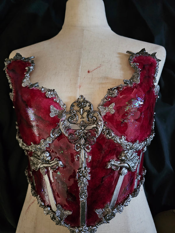 Dark Red Silver Edges Marble Resin Mermaid Corset Bra Top Cosplay Costume Patent-Protected
