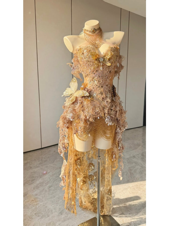 golden butterfly dress Mermaid Lucia Reverie Empress Ensemble Costume Patent-Protected Plus Size Semi-Formal Dresses Whether draped over a color-espresso-brown Material:Banarasi Silk