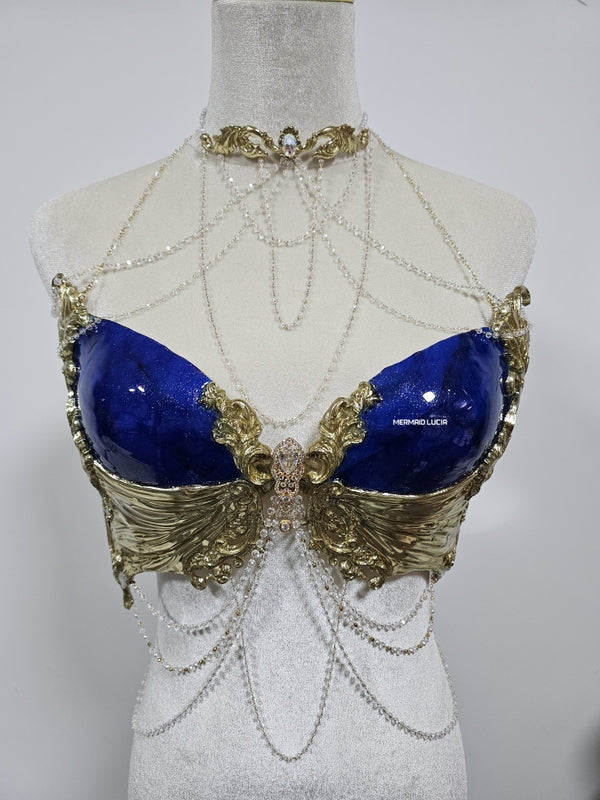 Greek Goddess-Sapphire Blue Resin Mermaid Corset Bra Top Cosplay Costume Patent-Protected