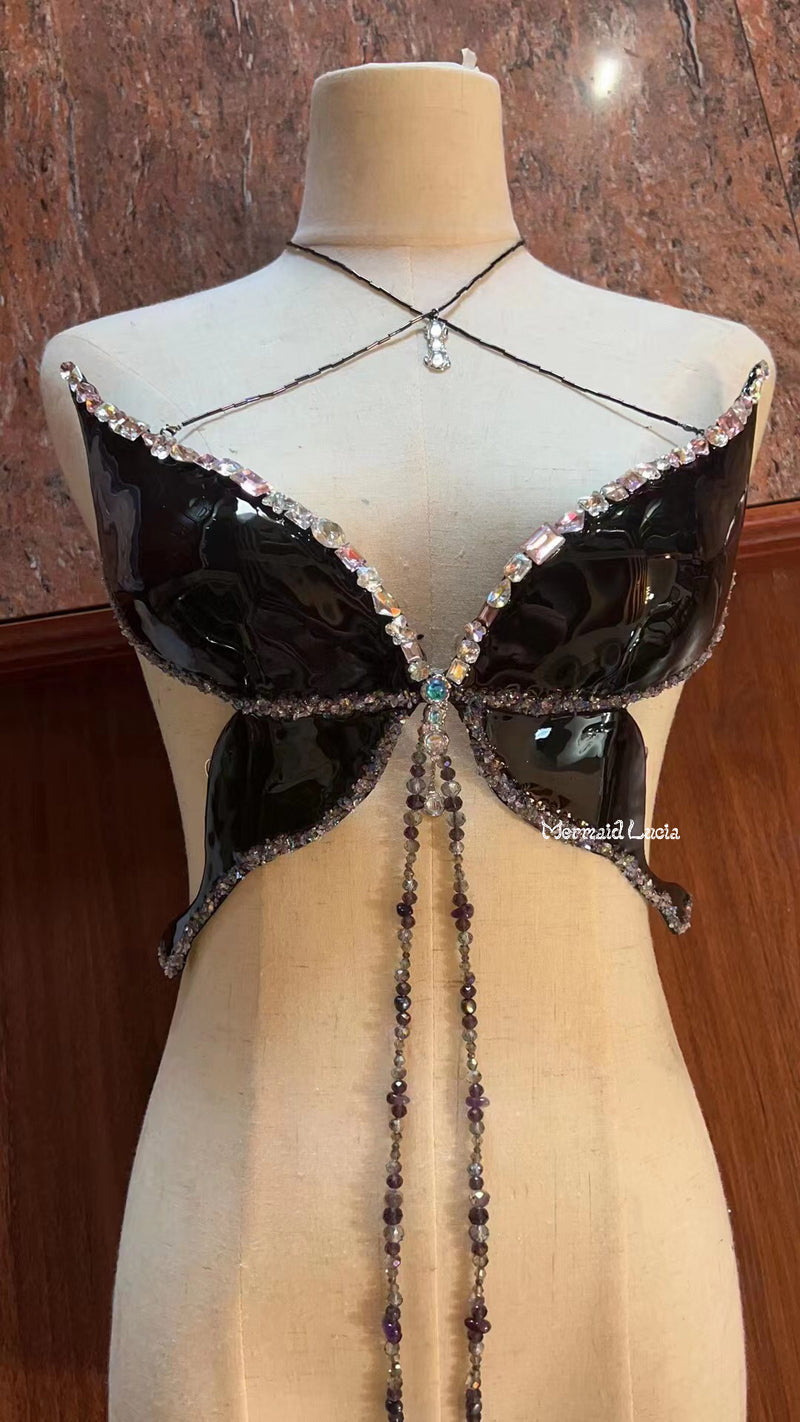 Black Sparkling Rhinestone Butterfly Resin Mermaid Corset Bra Top Cosplay Costume Patent-Protected
