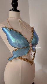 Fantasy Blue Waterlily Butterfly Resin Mermaid Corset Bra Top Cosplay Costume