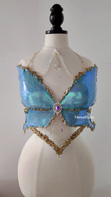 Fantasy Blue Waterlily Butterfly Resin Mermaid Corset Bra Top Cosplay Costume Patent-Protected