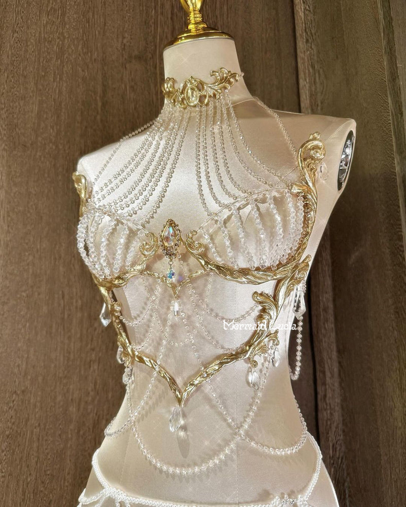 Luxurious Crystal Diamond Queen Resin Porcelain Mermaid Corset Bra Top Cosplay Costume Patent-Protected
