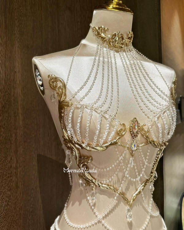 Luxurious Crystal Diamond Queen Resin Porcelain Mermaid Corset Bra Top Cosplay Costume Patent-Protected