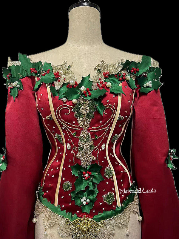 Christmas Beauty Luxurious Waist-Cinching Long-Sleeve Corset Garment Top Bodice Bustier Girdle