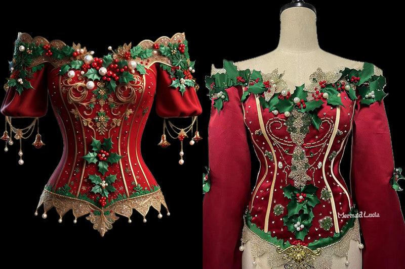 Christmas Beauty Luxurious Waist-Cinching Long-Sleeve Corset Garment Top Bodice Bustier Girdle