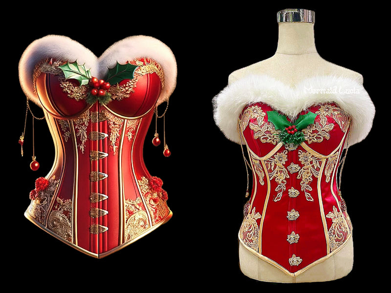 Christmas Beauty Luxurious Waist-Cinching Faux Fur Corset Garment Top Bodice Bustier Girdle