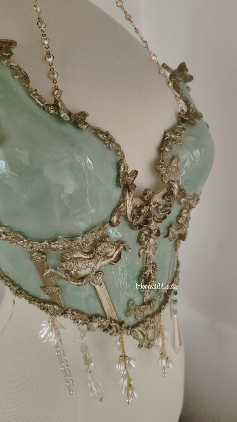 Sage Mint Green Marble Resin Mermaid Corset Bra Top Cosplay Costume Patent-Protected