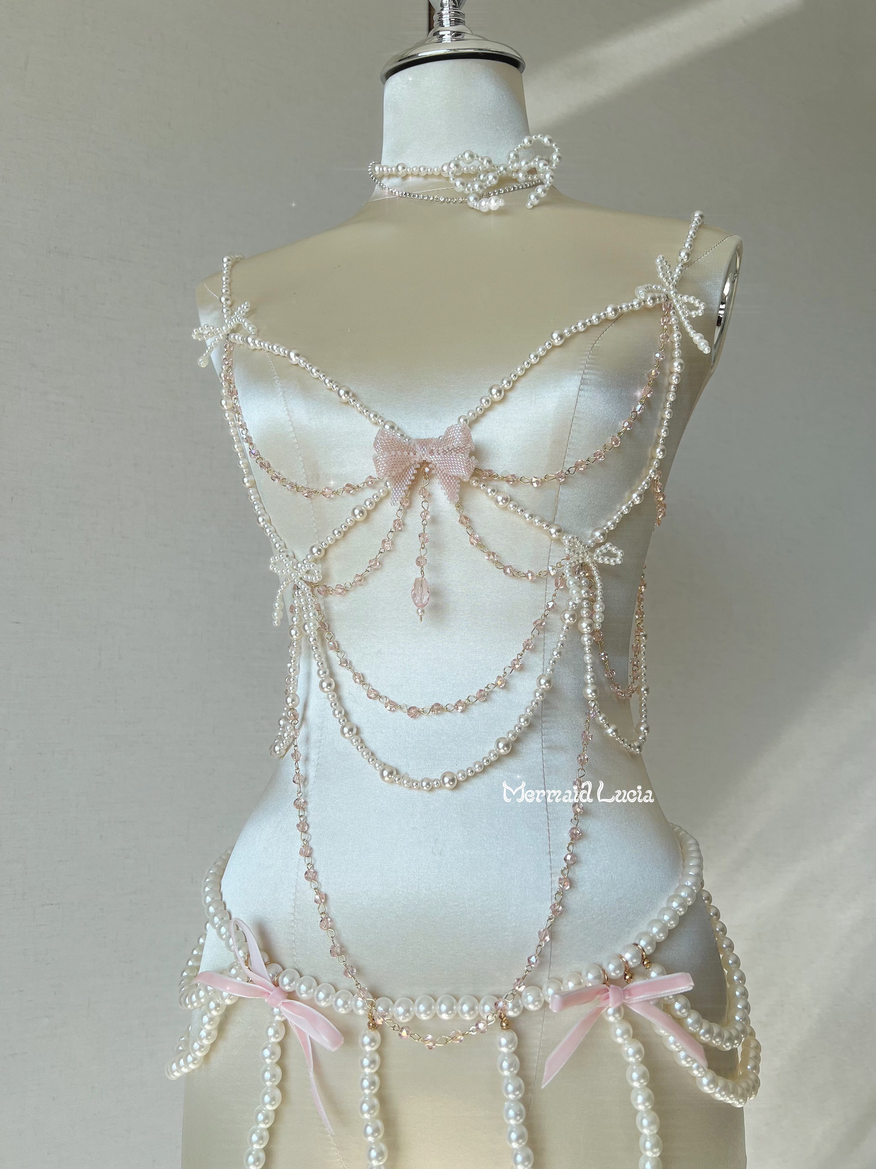 Danseuse Whole-body Pearl Bow Diamond Chain Mermaid Corset Bra Top