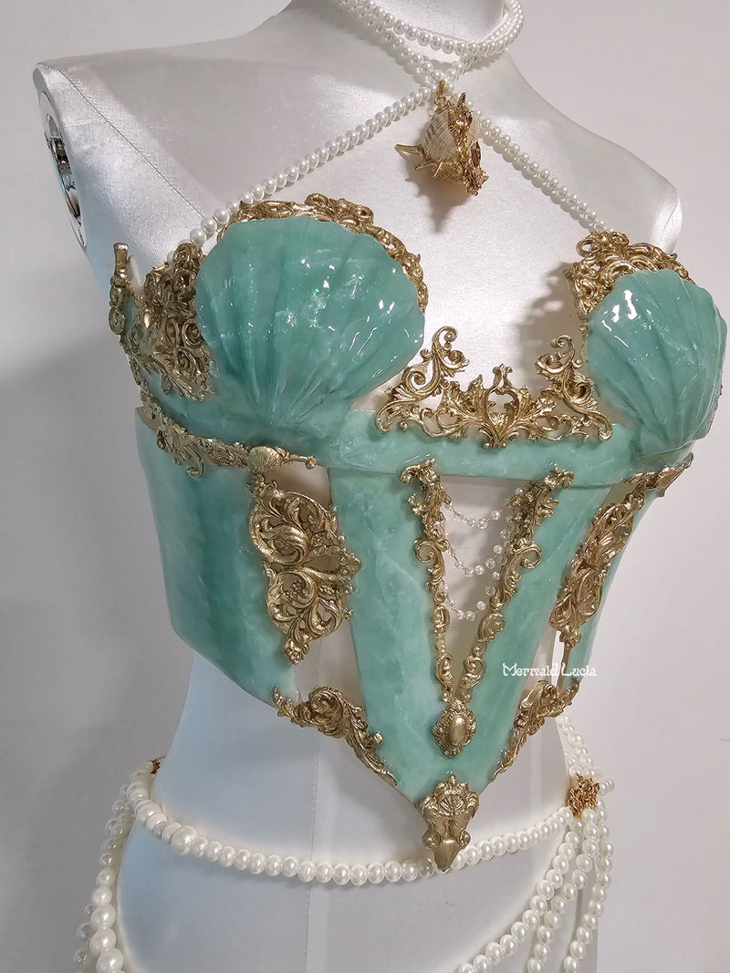 Olive Green Vintage Palace Shell Resin Mermaid Corset Bra Top Cosplay Costume Patent-Protected