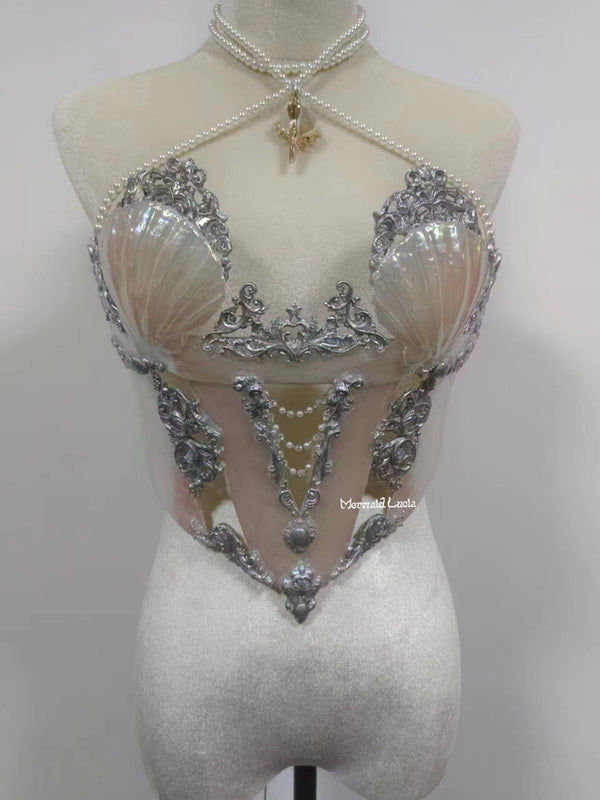 Cream Color Vintage Palace Shell Resin Mermaid Corset Bra Top Cosplay Costume Patent-Protected