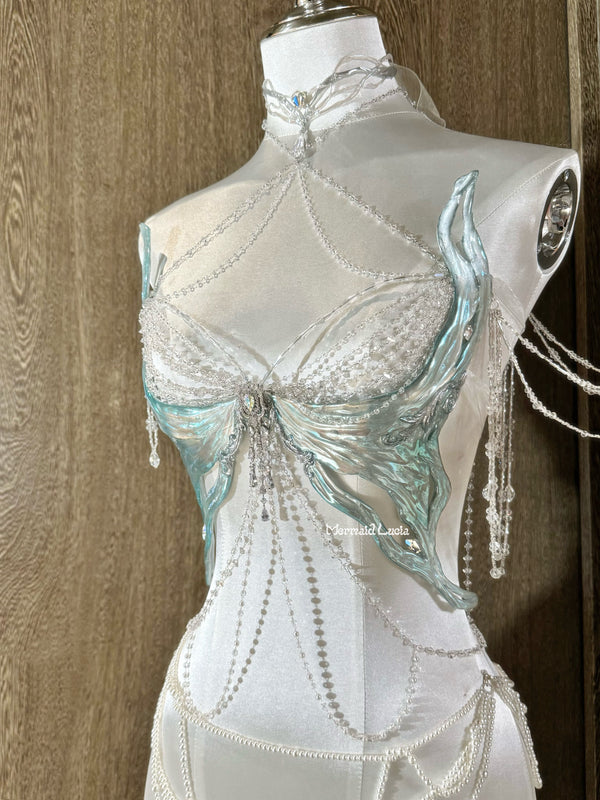 Teal Ice Crystals Resin Mermaid Corset Bra Top Cosplay Costume Patent-Protected