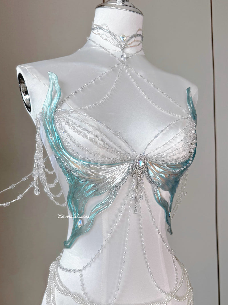 Teal Ice Crystals Resin Mermaid Corset Bra Top Cosplay Costume Patent-Protected