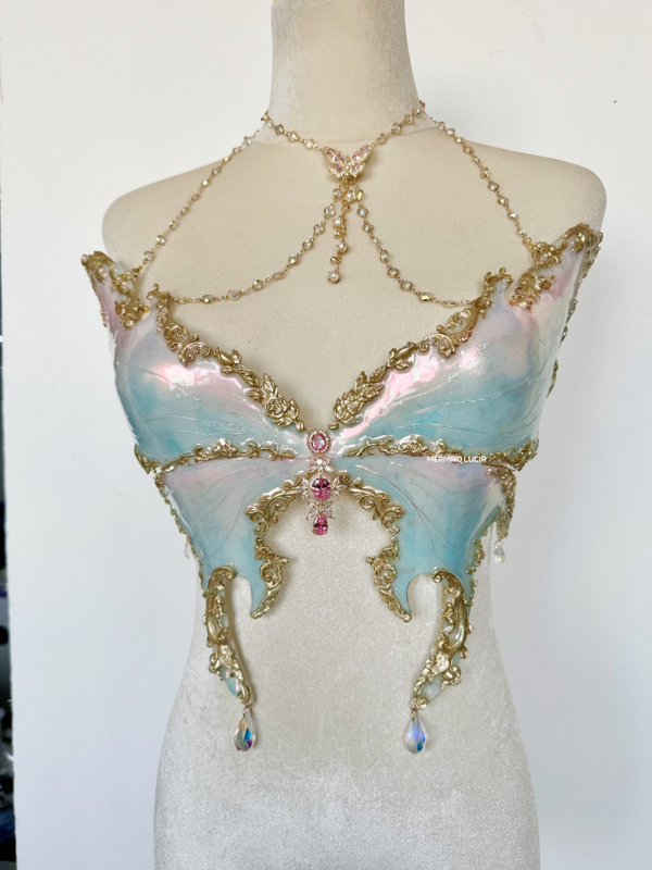 Iridescent Light Blue Luna Moth Resin Mermaid Corset Bra Top Cosplay Costume Patent-Protected
