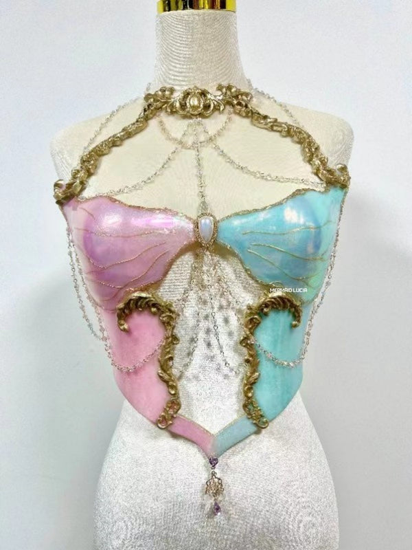 PInk Green Blossom Siliver Edges Love Resin Mermaid Corset Bra Top Cosplay Costume Patent-Protected