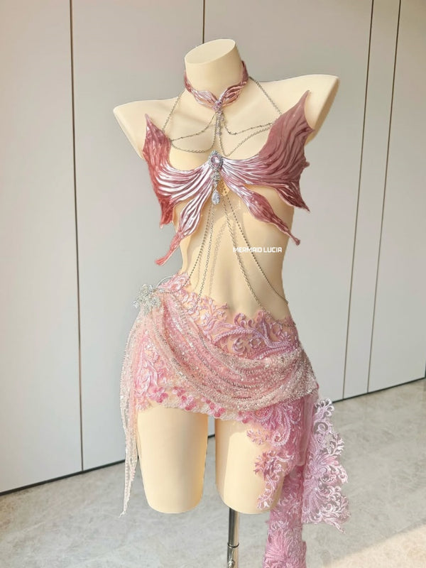 Pink Shimmering Angel Wings Resin Mermaid Corset Bra Top Cosplay Costume Patent-Protected
