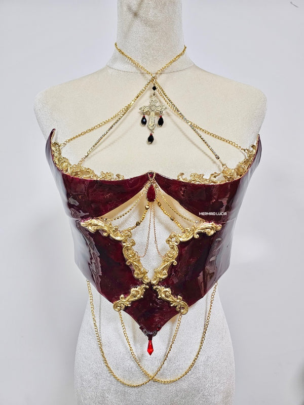 Red Golden Rose Gothic Blood Resin Mermaid Corset Bra Top Cosplay Costume Patent-Protected