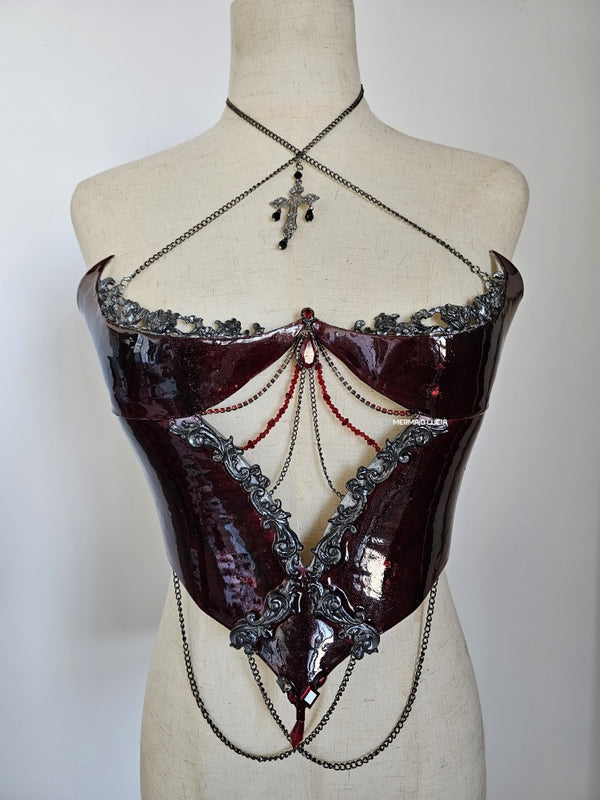 Red Grey Rose Gothic Blood Resin Mermaid Corset Bra Top Cosplay Costume Patent-Protected