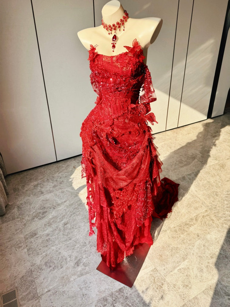 Red Opulent Lace Train Dress Ensemble Costume Patent-Protected – Image 2