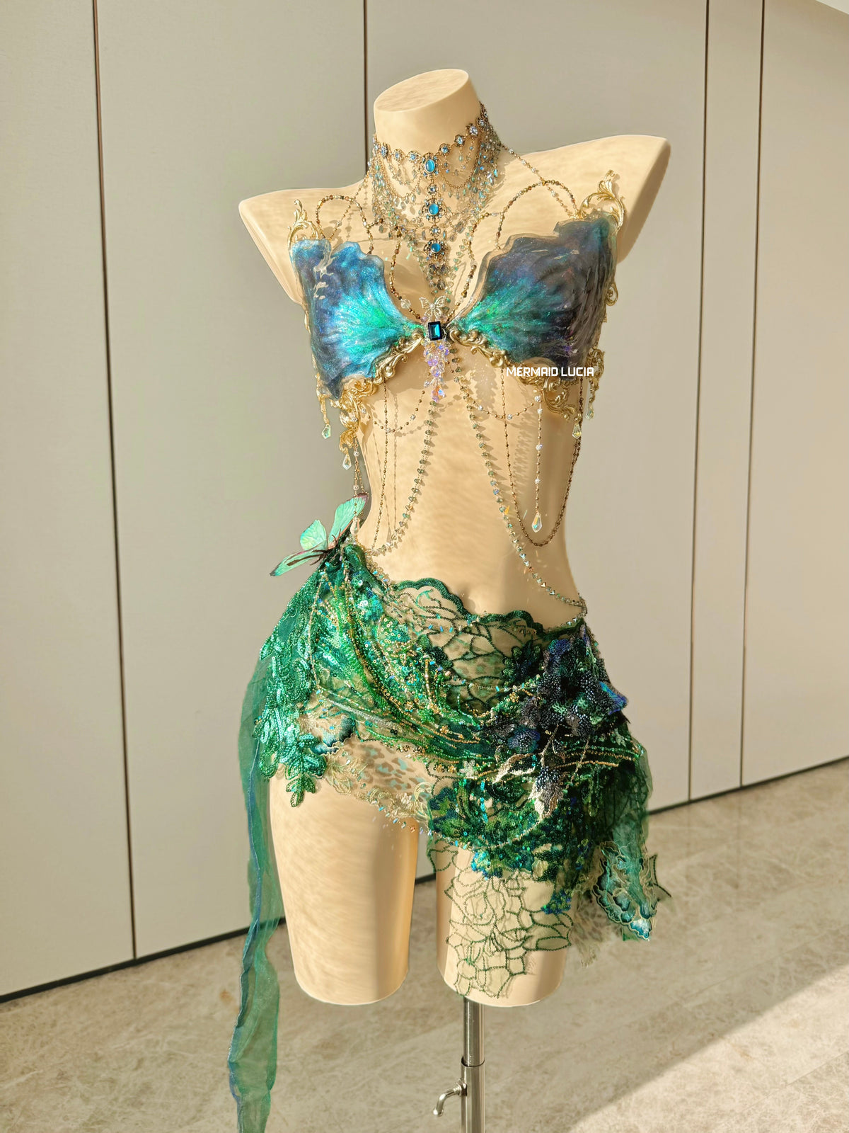 Teal Dreamwood Fairy resin mermaid corset for fantasy cosplay and performances