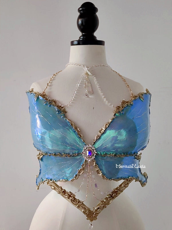 Fantasy Blue Waterlily Butterfly Resin Mermaid Corset Bra Top Cosplay Costume Patent-Protected
