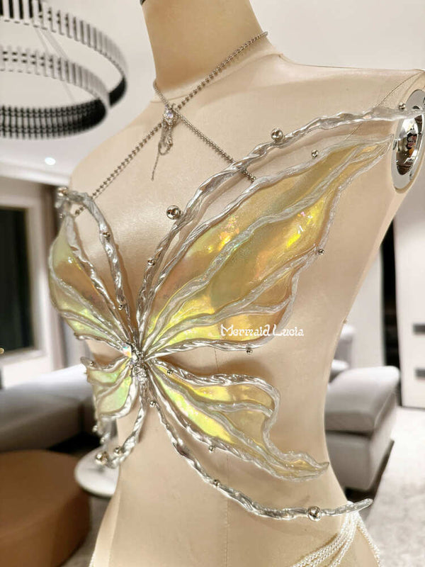 Silver Whiskered Butterfly Resin Porcelain Mermaid Corset Bra Top Cosplay Costume Patent-Protected