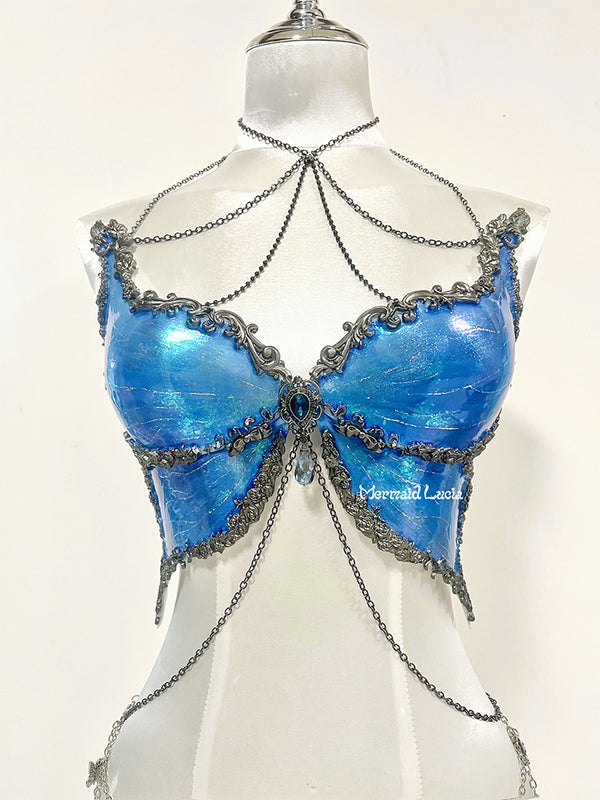 Sapphire Blue Glaze Butterfly Shells Resin Porcelain Mermaid Corset Bra Top Cosplay Costume Patent-Protected