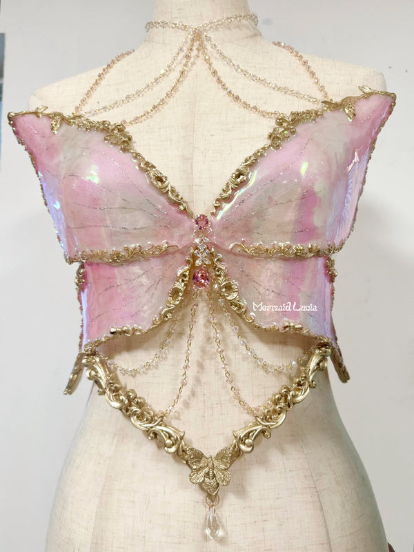 Light Pink Waterlily Butterfly Resin Mermaid Corset Bra Top Cosplay Costume Patent-Protected