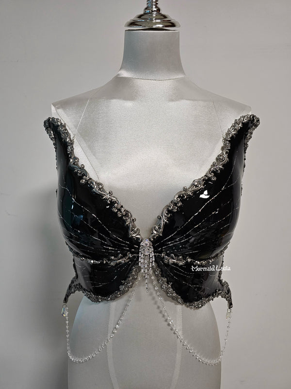Black Glaze Butterfly Shells Resin Porcelain Mermaid Corset Bra Top Cosplay Costume Patent-Protected