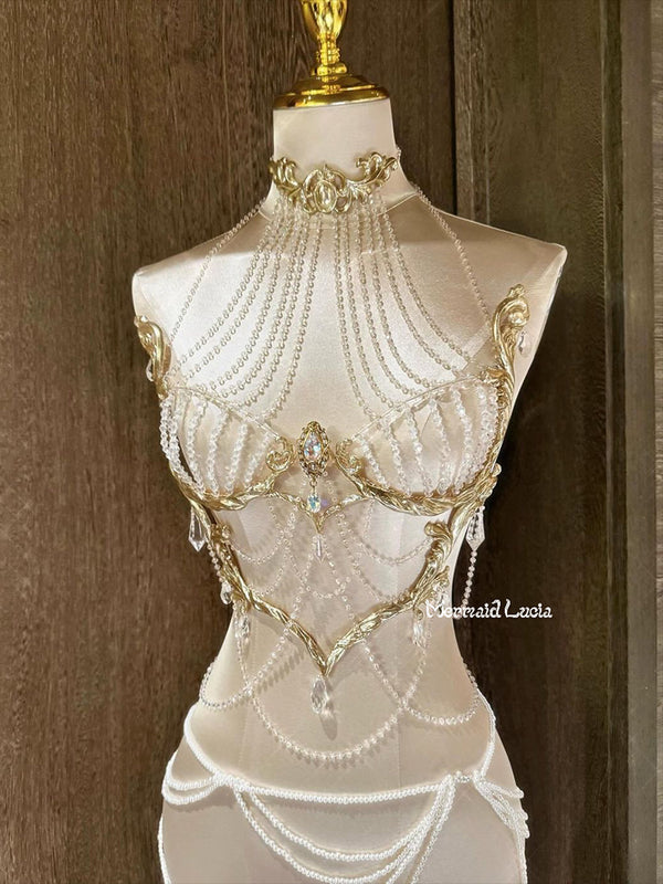 Luxurious Crystal Diamond Queen Resin Porcelain Mermaid Corset Bra Top Cosplay Costume Patent-Protected