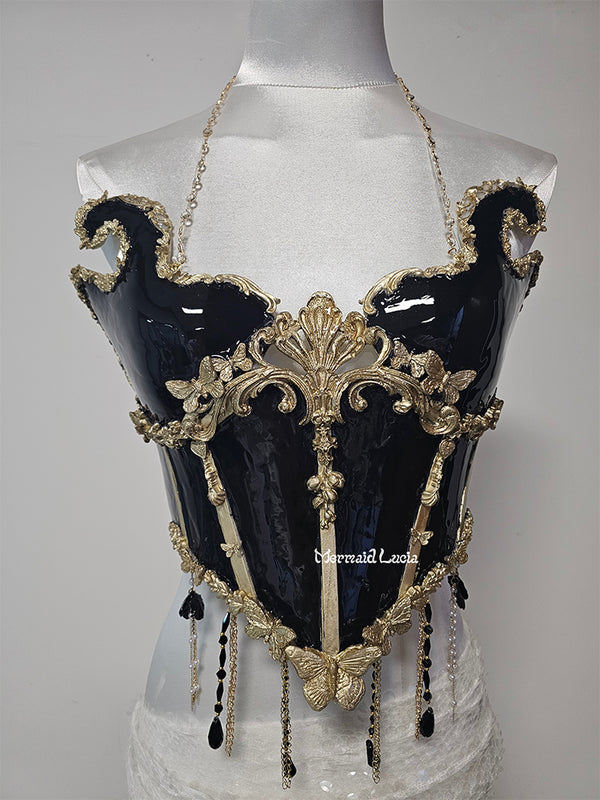 Dark Black Butterfly Opal Bones Resin Mermaid Corset Bra Top Cosplay Costume Patent-Protected