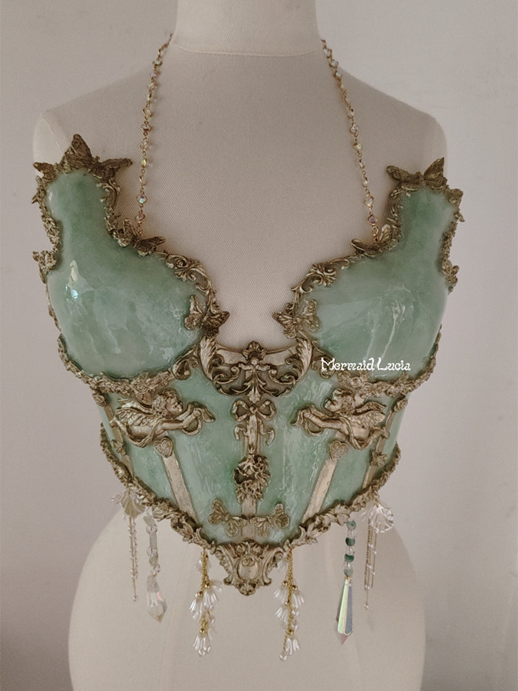 Green Opal Bones Resin Mermaid Corset Bra Top Cosplay Costume Patent-Protected
