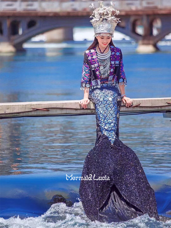 Mermaid Joint Sequin Tail 32 Silver Black Scales