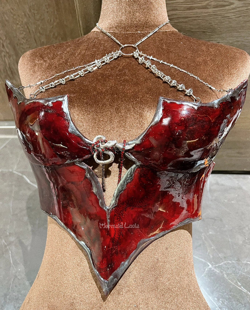 Blood Red Armour Resin Mermaid Corset Bra Top Cosplay Costume Patent-P