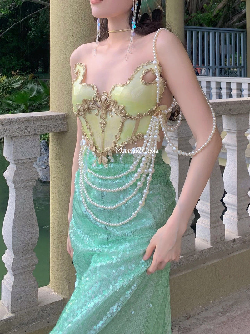 Light Green Butterfly Opal Bones Resin Mermaid Corset Bra Top Cosplay Costume Patent-Protected