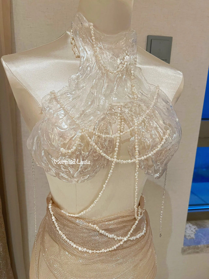 Flowing Spring Water Pearls Resin Mermaid Corset Bra Top Cosplay Costume Patent-Protected