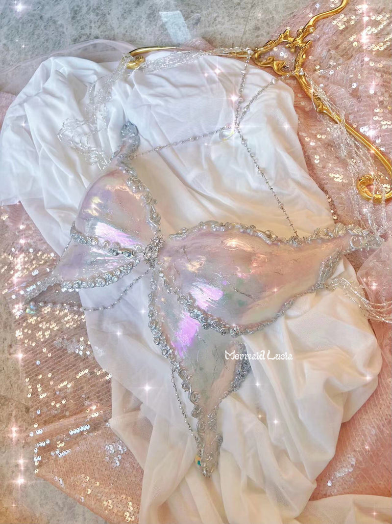 Dreamy Silver Glitter Butterfly Shells Resin Mermaid Corset Bra Top Cosplay Costume Patent-Protected