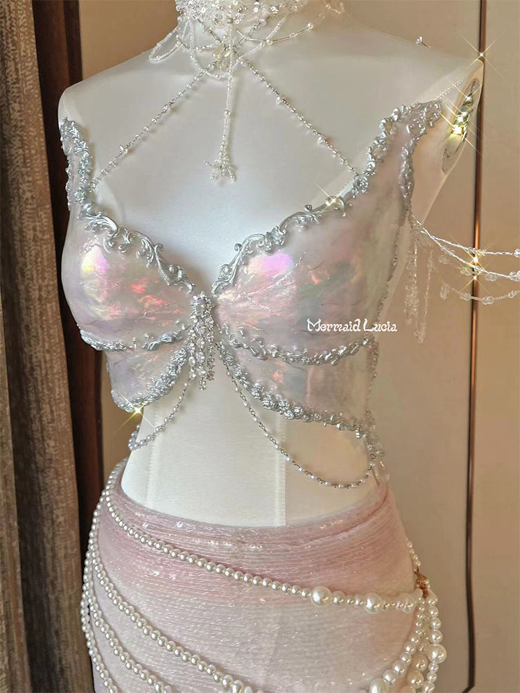 Dreamy Silver Glitter Butterfly Shells Resin Mermaid Corset Bra Top Cosplay Costume Patent-Protected