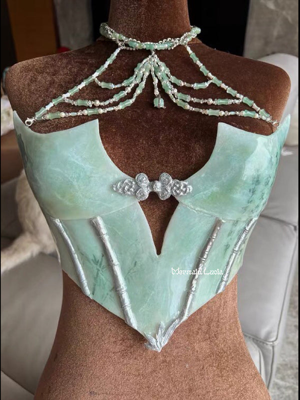 Jade Bone Bamboo Jadeite Stone Resin Mermaid Corset Bra Top Cosplay Costume Patent-Protected